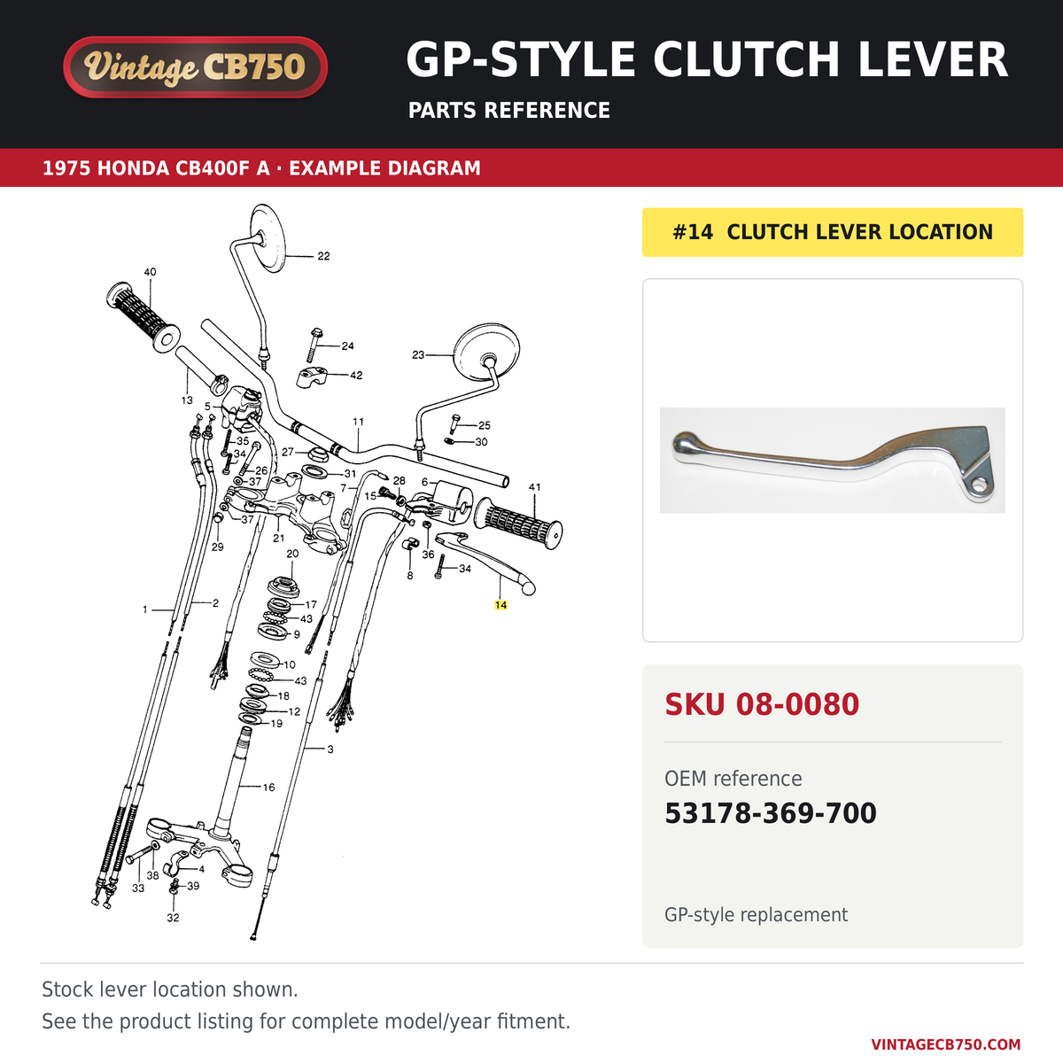 GP-style clutch lever parts fiche diagram, SKU 08-0080, highlighted reference 14