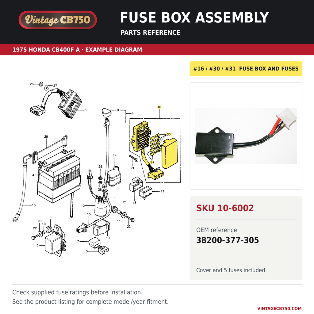 Fuse box assembly parts fiche diagram, SKU 10-6002