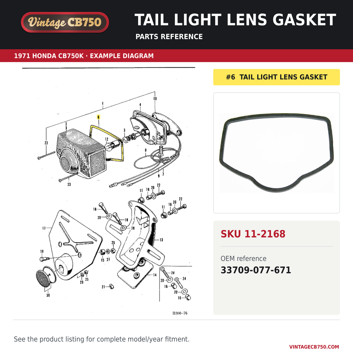 Tail light lens gasket parts fiche diagram, SKU 11-2168, highlighted reference 6