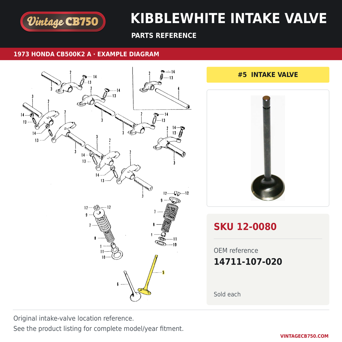 Kibblewhite intake valve parts fiche diagram, SKU 12-0080, highlighted reference 5