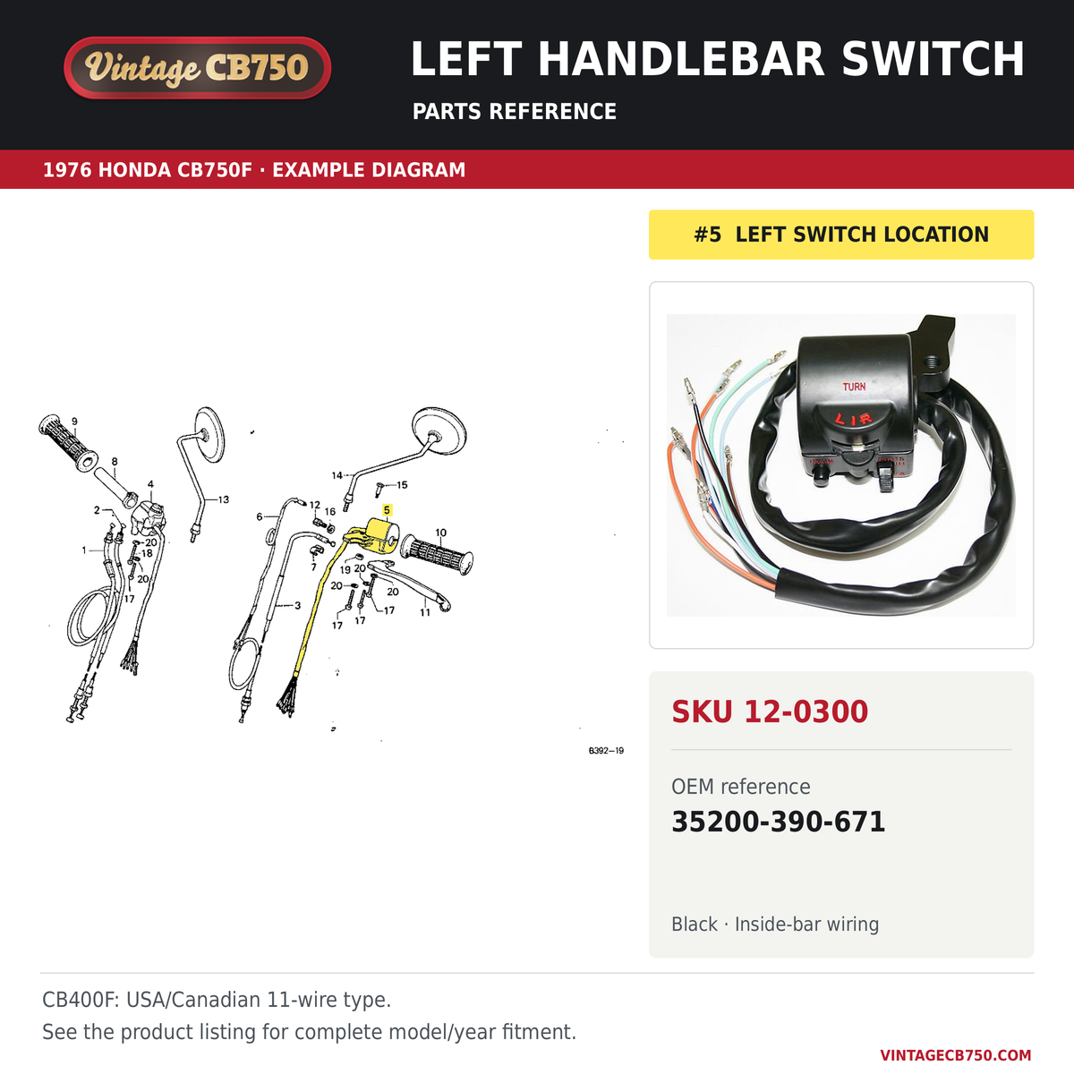 Left handlebar switch parts fiche diagram, SKU 12-0300, highlighted reference 5