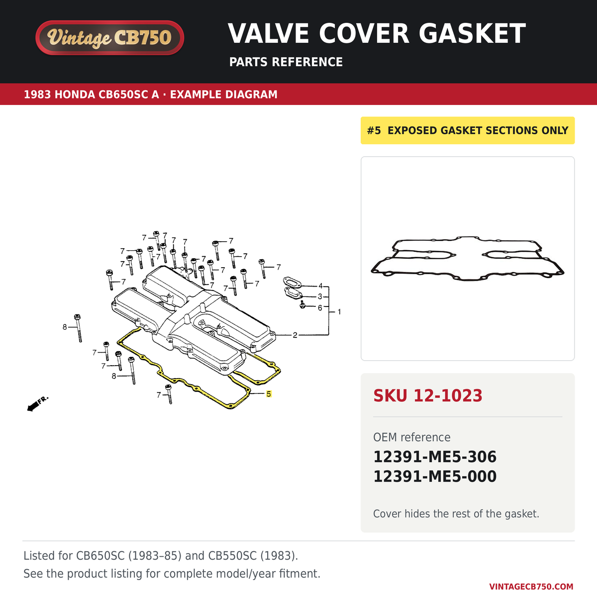 Valve cover gasket parts fiche diagram, SKU 12-1023, highlighted reference 5