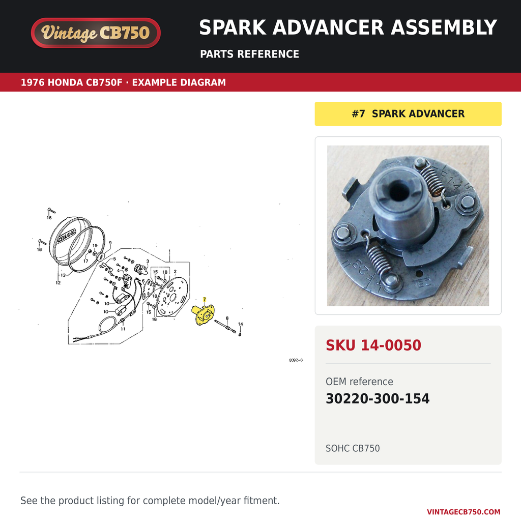Spark advancer assembly parts fiche diagram, SKU 14-0050, highlighted reference 7