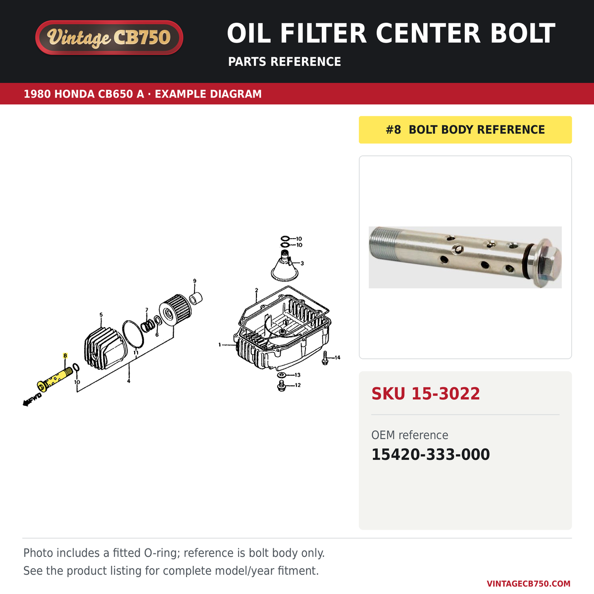 Oil filter center bolt parts fiche diagram, SKU 15-3022, highlighted reference 8