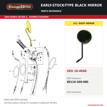 Load image into Gallery viewer, Early-stock-type black mirror parts fiche diagram, SKU 16-4666, highlighted reference 13