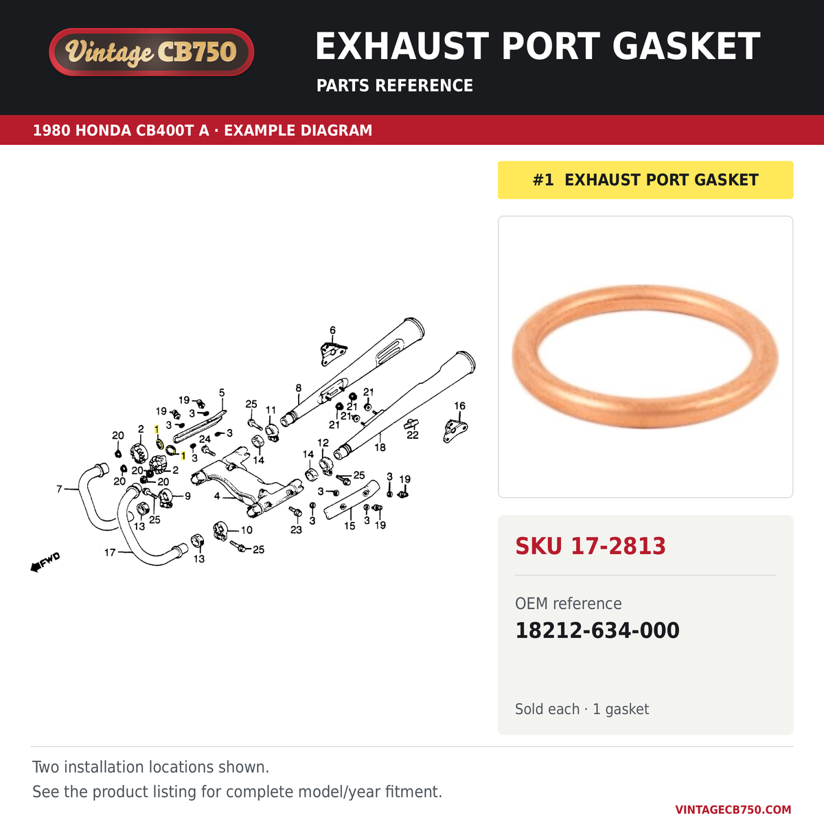 Exhaust port gasket parts fiche diagram, SKU 17-2813, highlighted reference 1