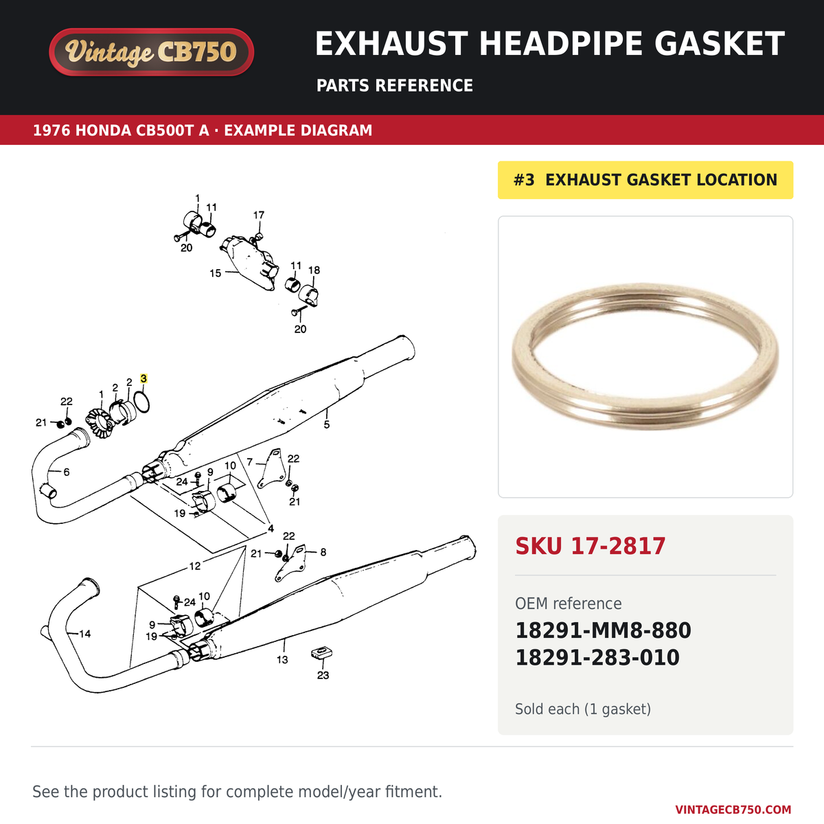 Exhaust headpipe gasket parts fiche diagram, SKU 17-2817, highlighted reference 3