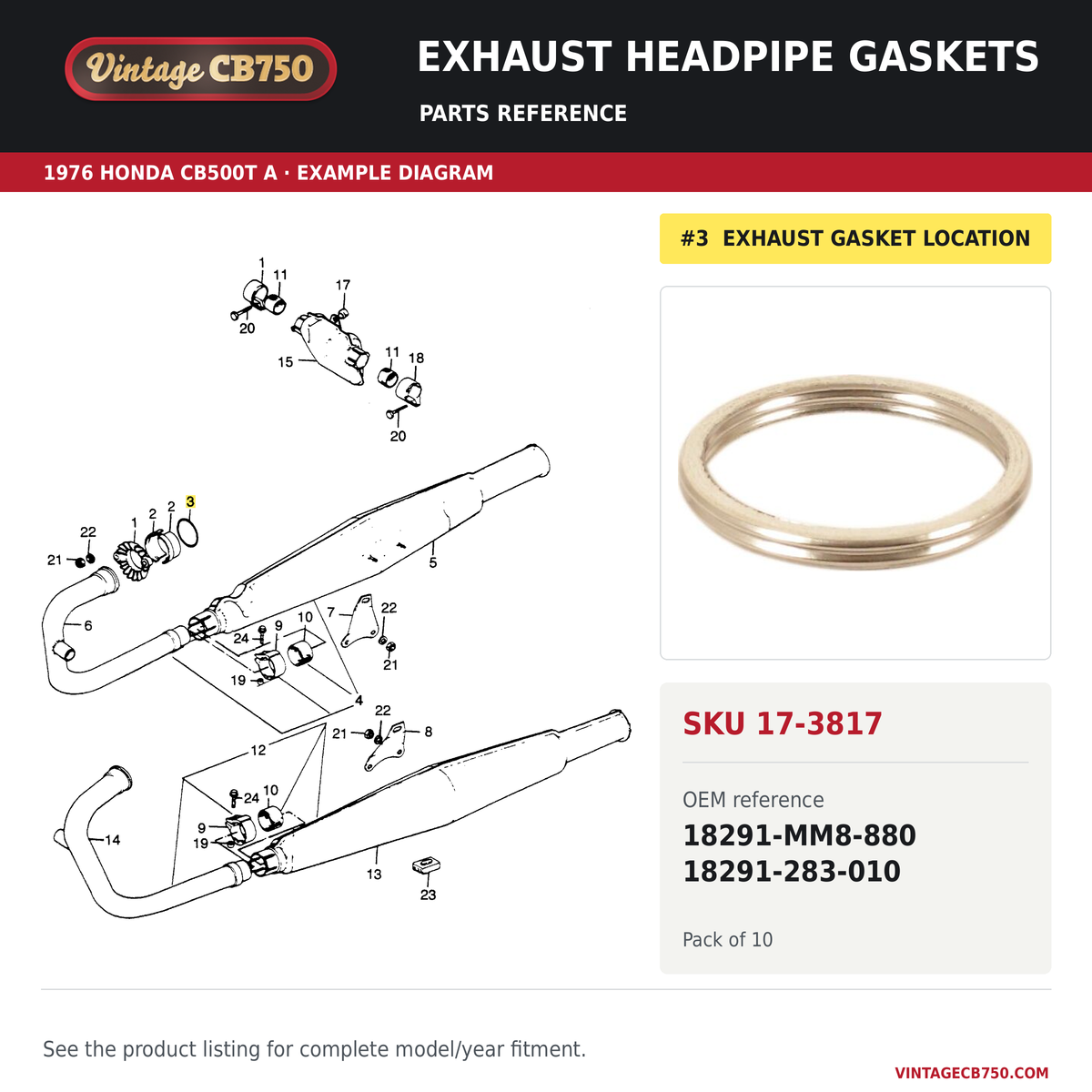 Exhaust headpipe gaskets parts fiche diagram, SKU 17-3817, highlighted reference 3