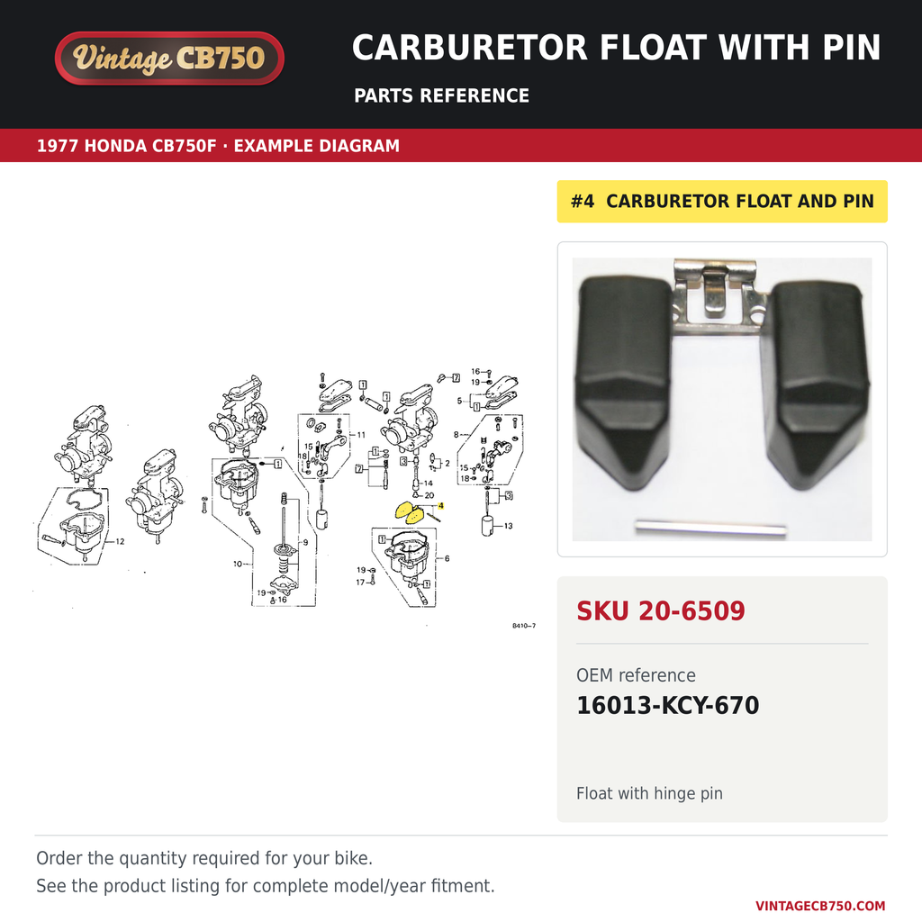 Carburetor float with pin parts fiche diagram, SKU 20-6509, highlighted reference 4