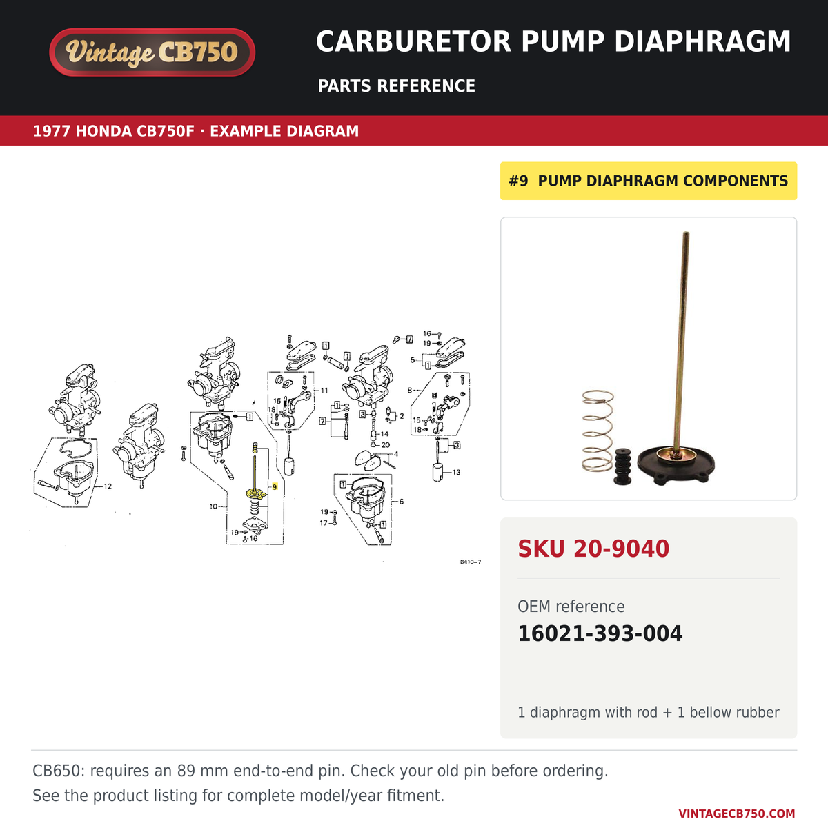 Carburetor pump diaphragm parts fiche diagram, SKU 20-9040, highlighted reference 9