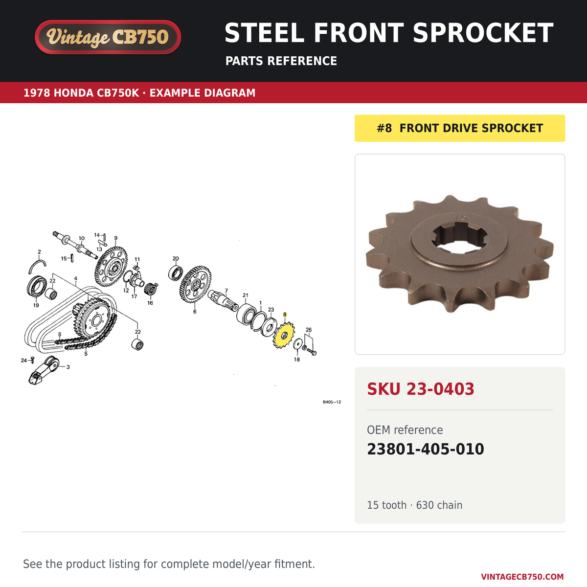 Steel front sprocket parts fiche diagram, SKU 23-0403