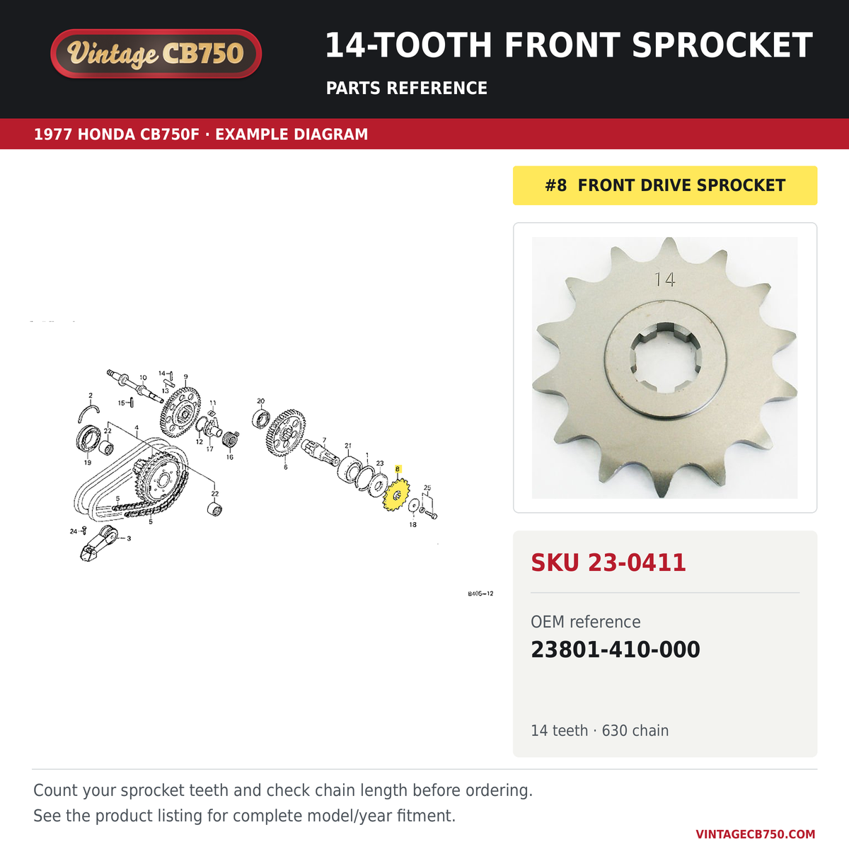 14-tooth front sprocket parts fiche diagram, SKU 23-0411, highlighted reference 8