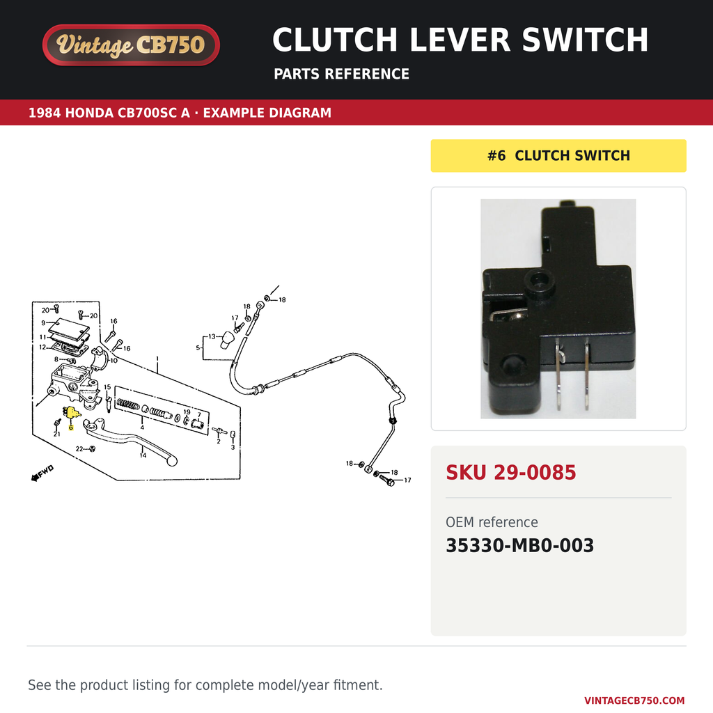 Clutch lever switch parts fiche diagram, SKU 29-0085, highlighted reference 6