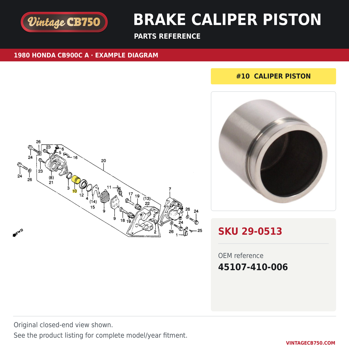 Brake caliper piston parts fiche diagram, SKU 29-0513, highlighted reference 10