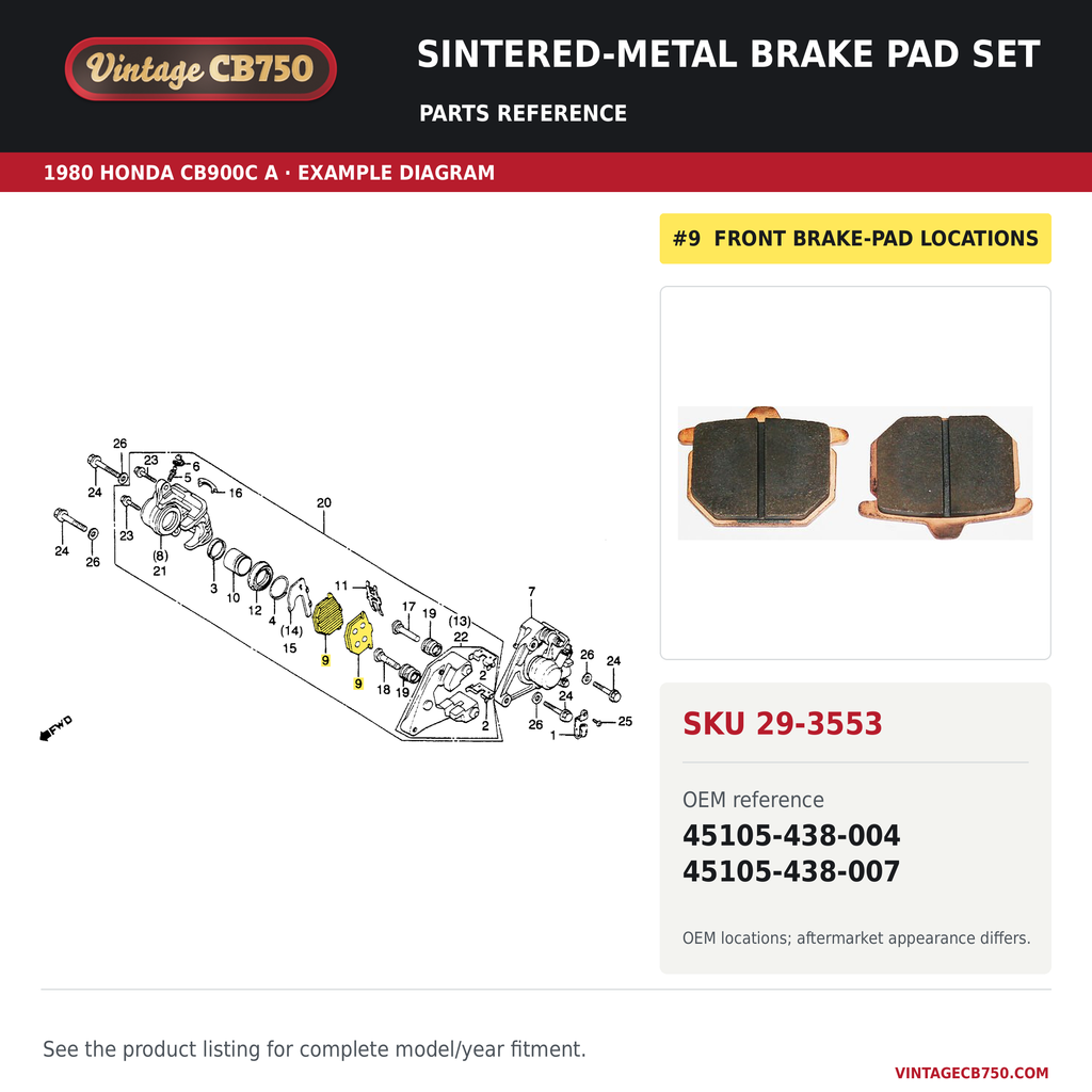 Sintered-metal brake pad set parts fiche diagram, SKU 29-3553, highlighted reference 9