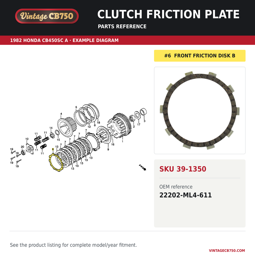 Clutch friction plate parts fiche diagram, SKU 39-1350, highlighted reference 6