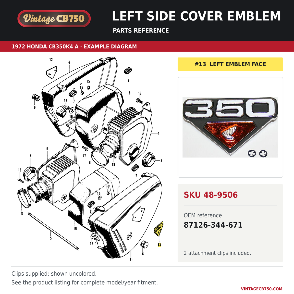 Left side cover emblem parts fiche diagram, SKU 48-9506, highlighted reference 13