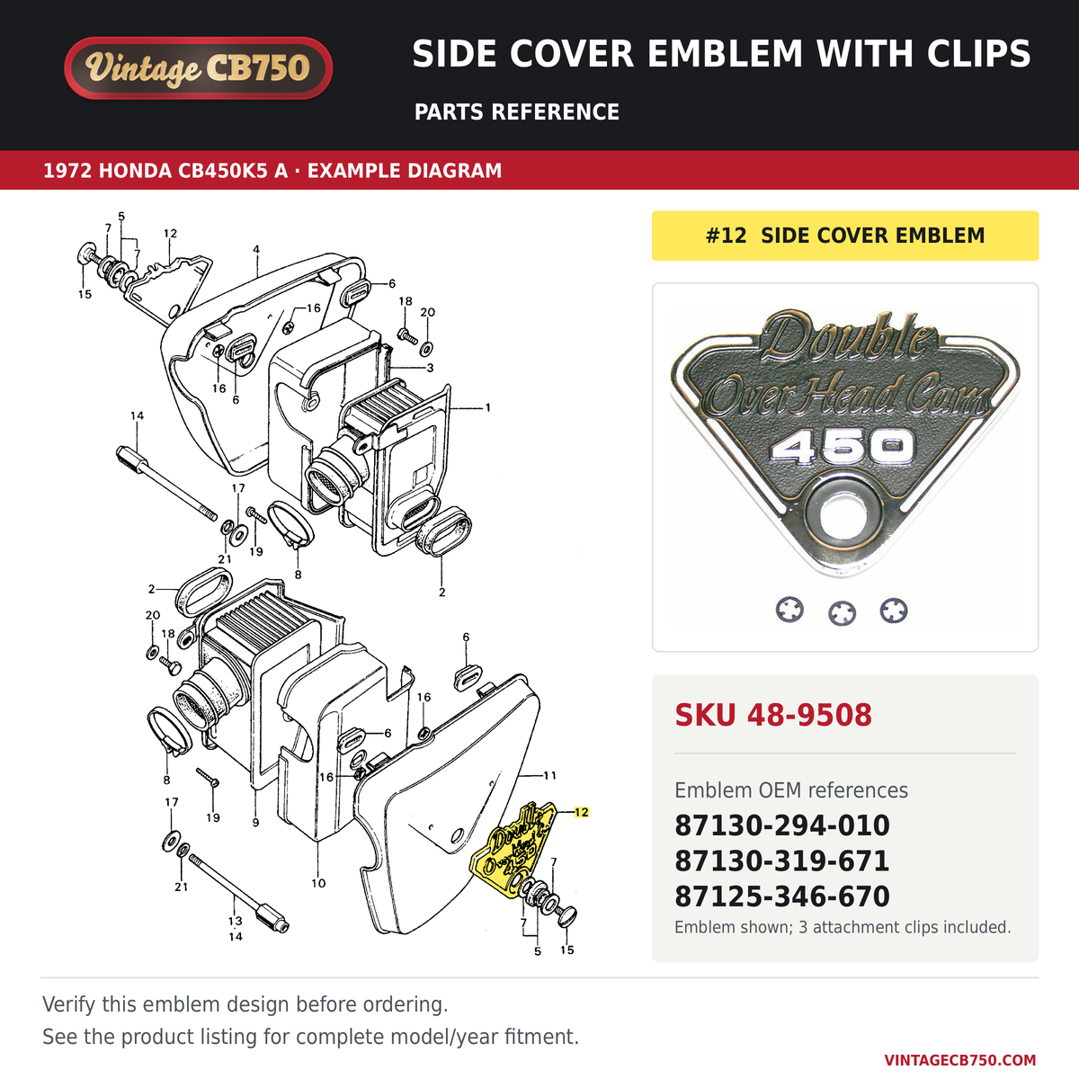 Side cover emblem with clips parts fiche diagram, SKU 48-9508