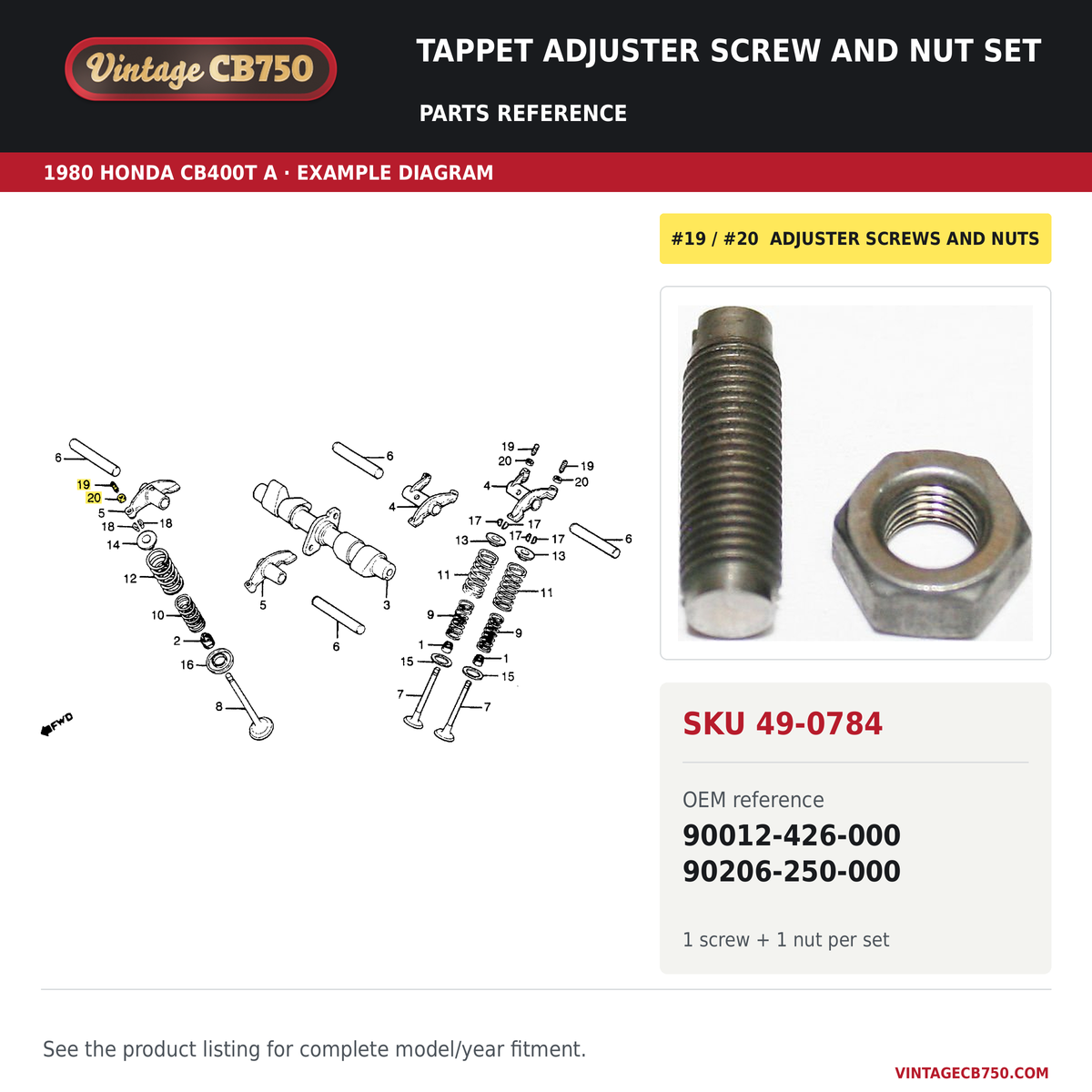 Tappet adjuster screw and nut set parts fiche diagram, SKU 49-0784