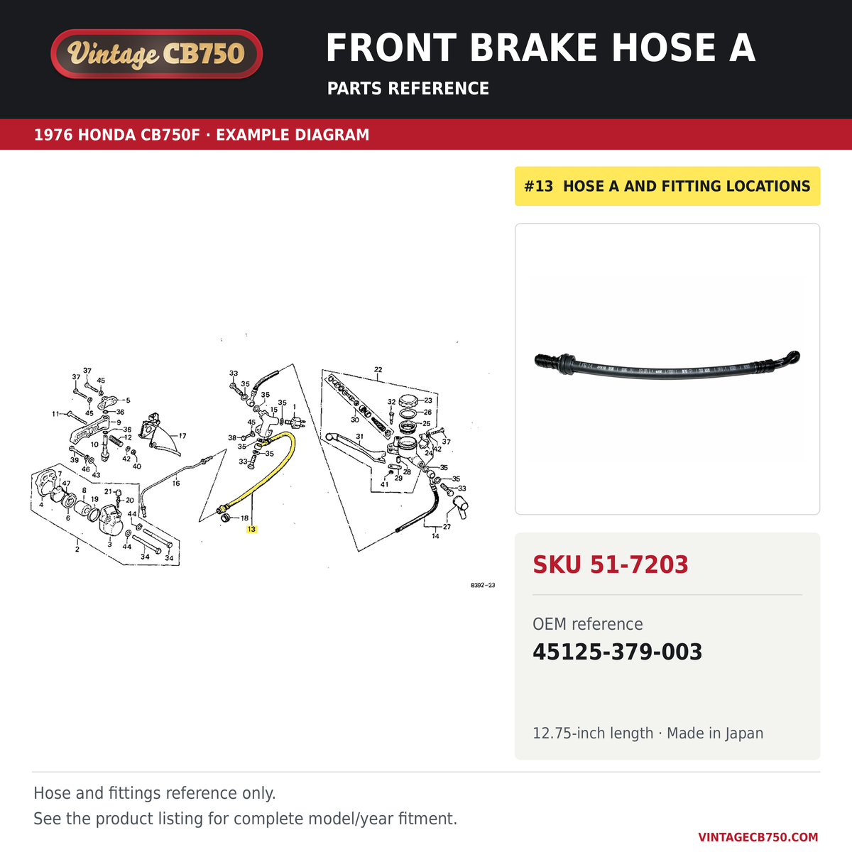 Front brake hose A parts fiche diagram, SKU 51-7203, highlighted reference 13