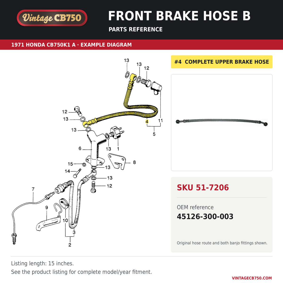 Front brake hose B parts fiche diagram, SKU 51-7206, highlighted reference 4