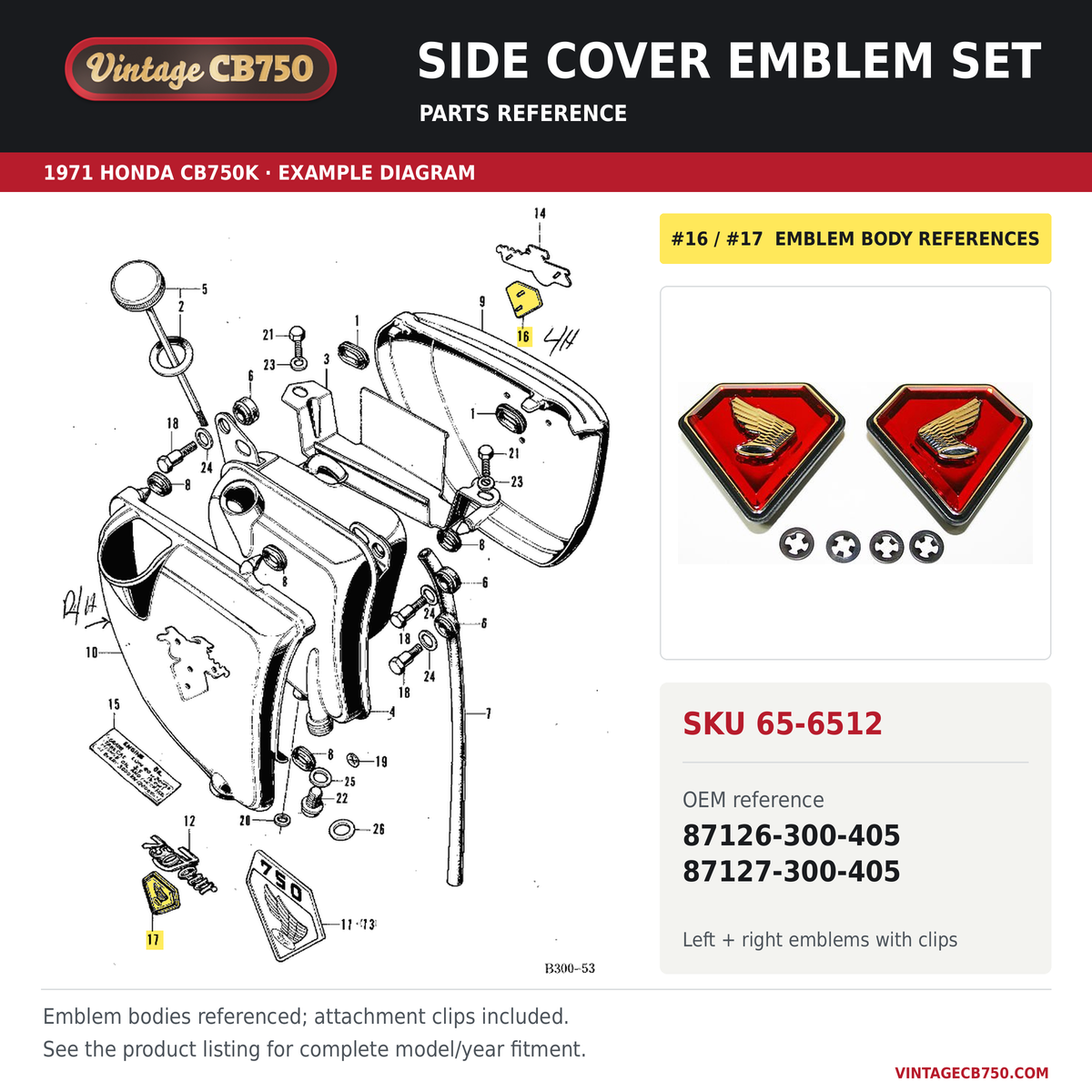 Side cover emblem set parts fiche diagram, SKU 65-6512, highlighted reference 16 / 17