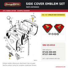 Load image into Gallery viewer, Side cover emblem set parts fiche diagram, SKU 65-6512, highlighted reference 16 / 17