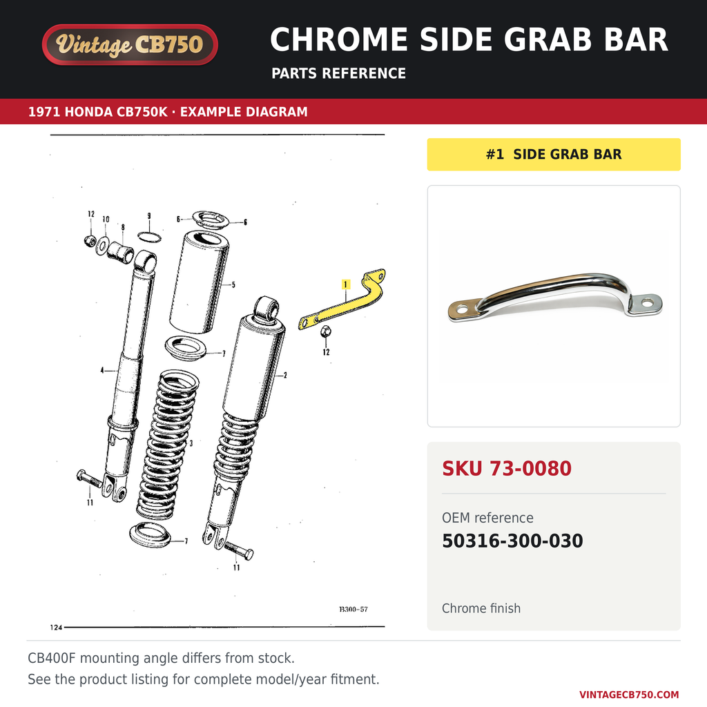 Chrome side grab bar parts fiche diagram, SKU 73-0080, highlighted reference 1