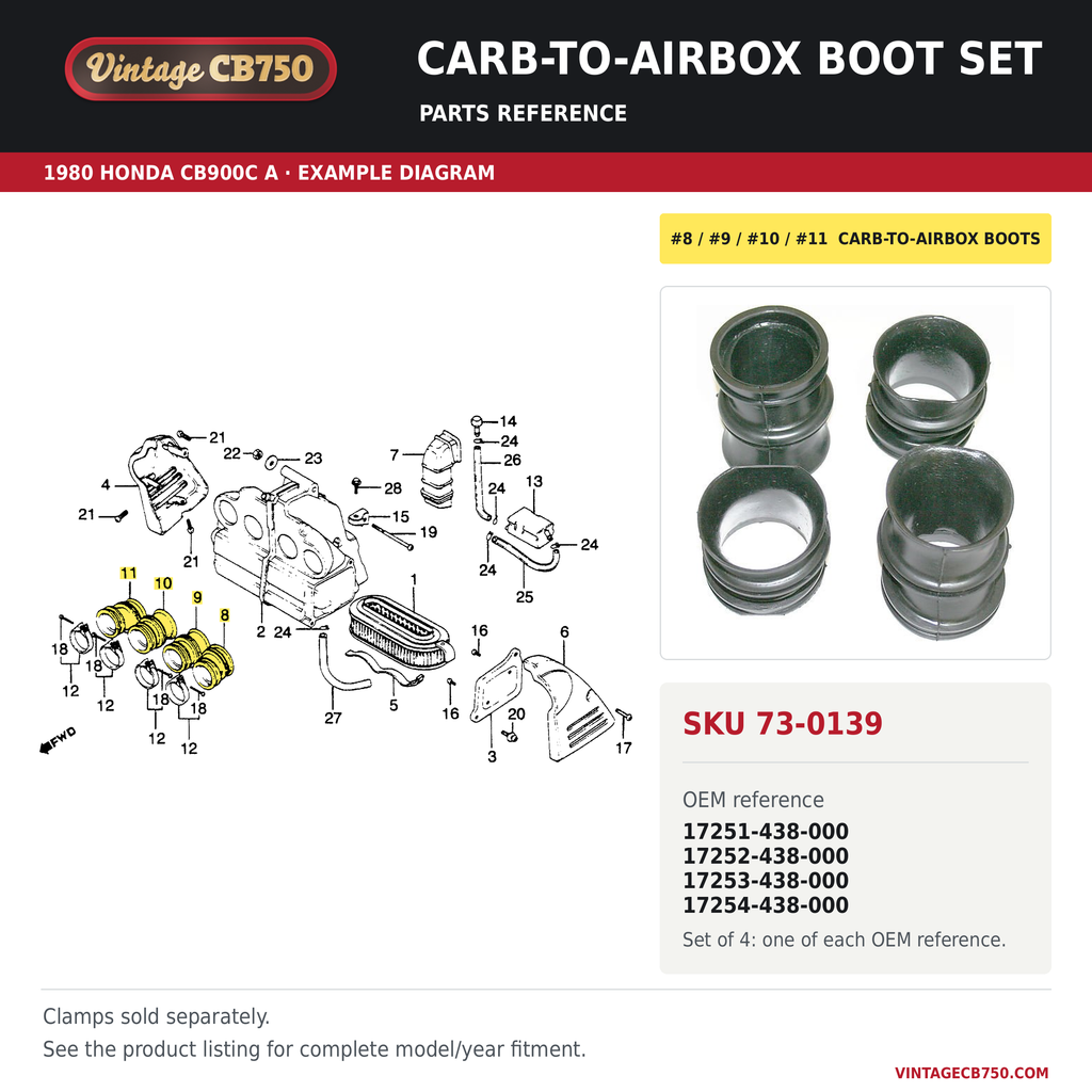 Carb-to-airbox boot set parts fiche diagram, SKU 73-0139, highlighted reference 8 / 9 / 10 / 11