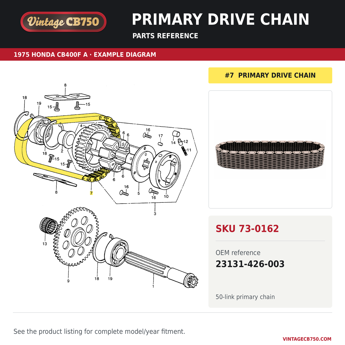 Primary drive chain parts fiche diagram, SKU 73-0162, highlighted reference 7