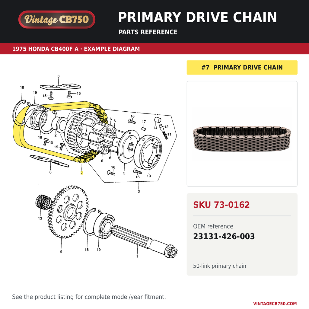 Primary drive chain parts fiche diagram, SKU 73-0162, highlighted reference 7