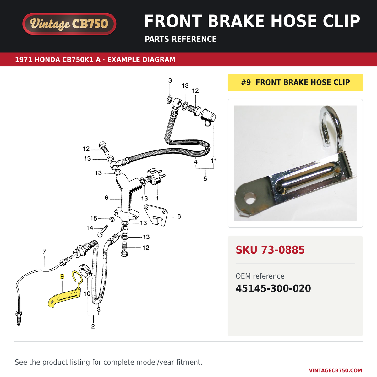 Front brake hose clip parts fiche diagram, SKU 73-0885, highlighted reference 9