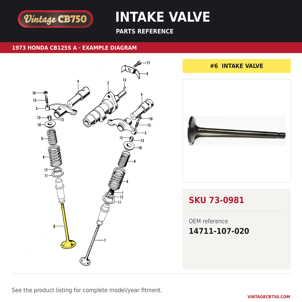 Intake valve parts fiche diagram, SKU 73-0981, highlighted reference 6
