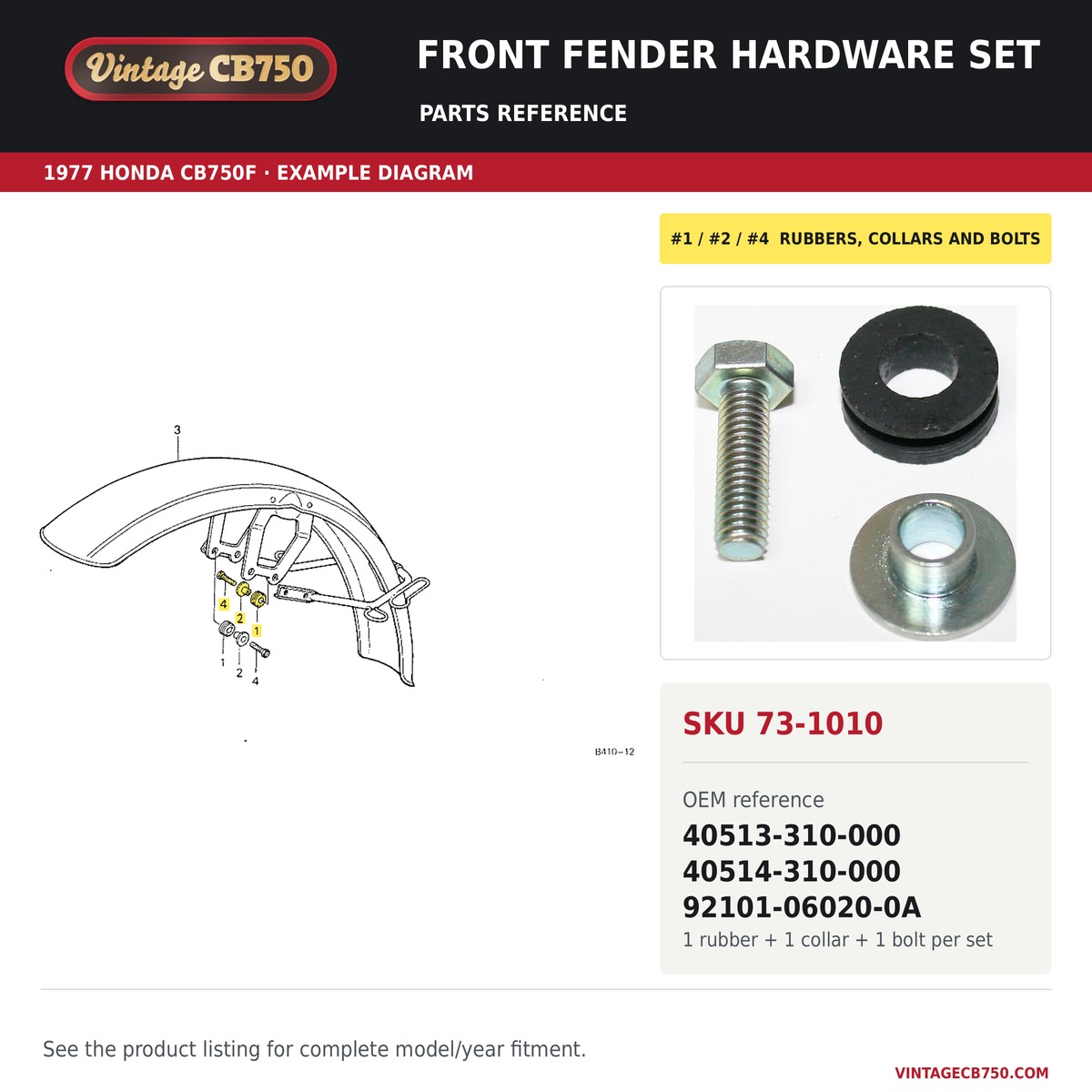 Front fender hardware set parts fiche diagram, SKU 73-1010