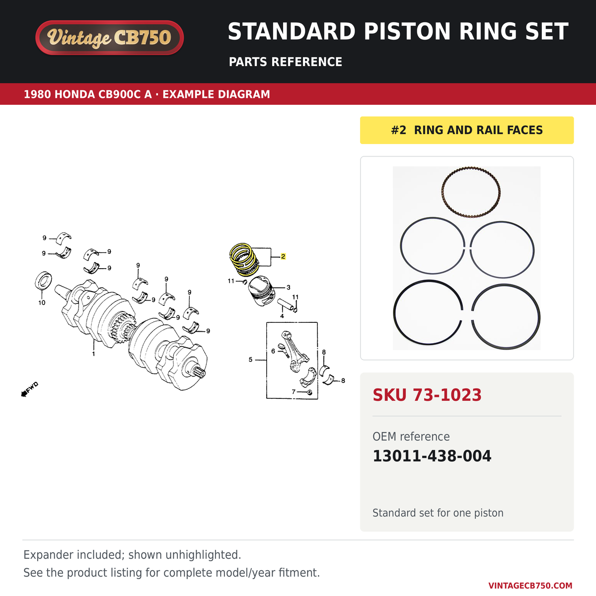 Standard piston ring set parts fiche diagram, SKU 73-1023, highlighted reference 2