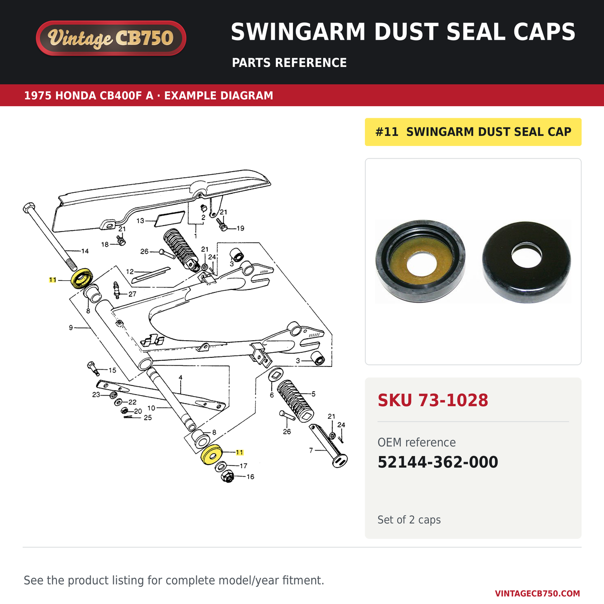 Swingarm dust seal caps parts fiche diagram, SKU 73-1028, highlighted reference 11
