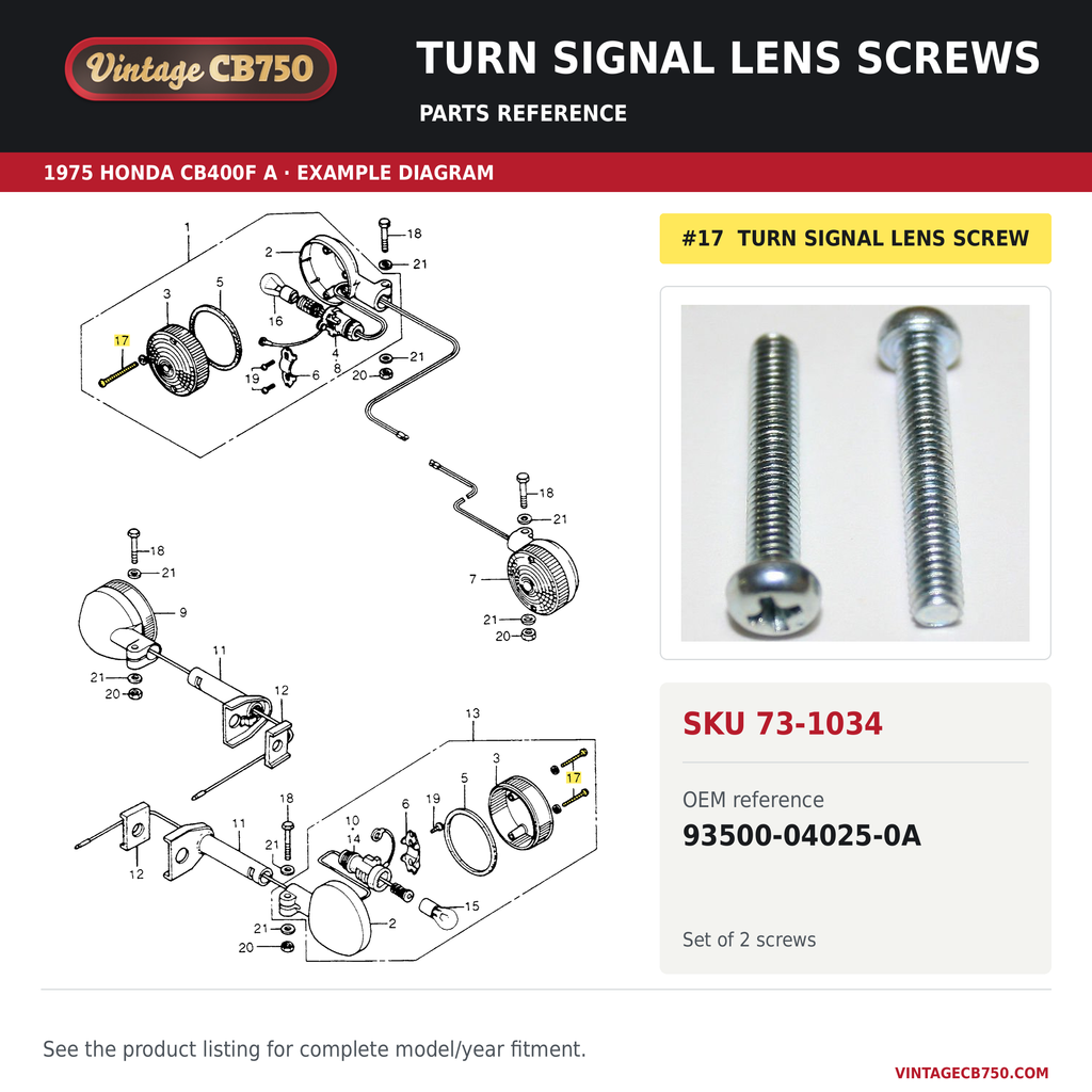 Turn signal lens screws parts fiche diagram, SKU 73-1034, highlighted reference 17