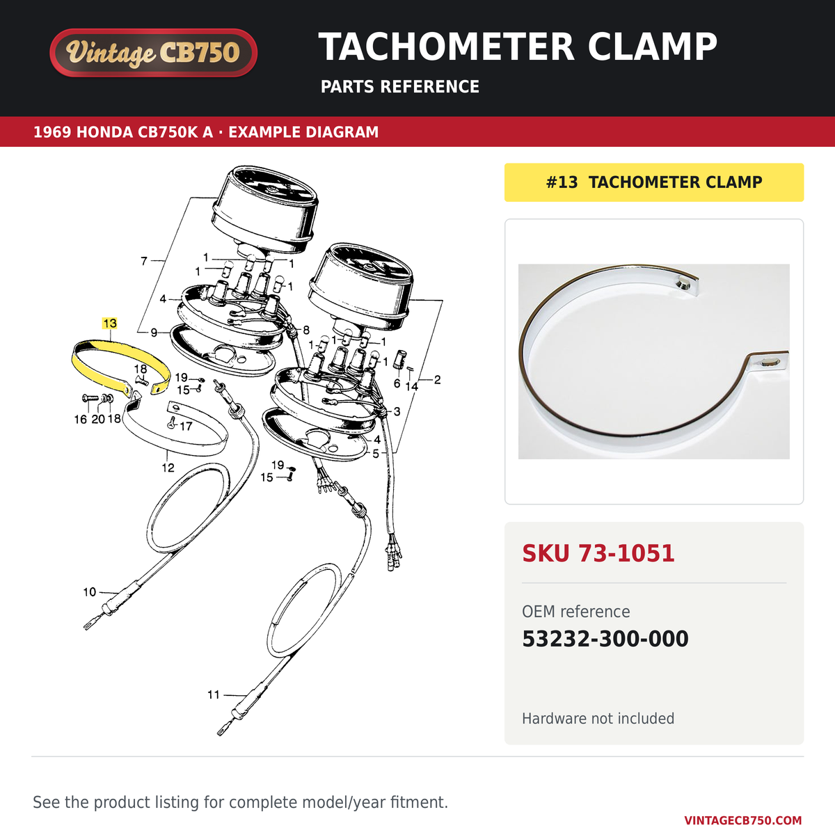 Tachometer clamp parts fiche diagram, SKU 73-1051, highlighted reference 13