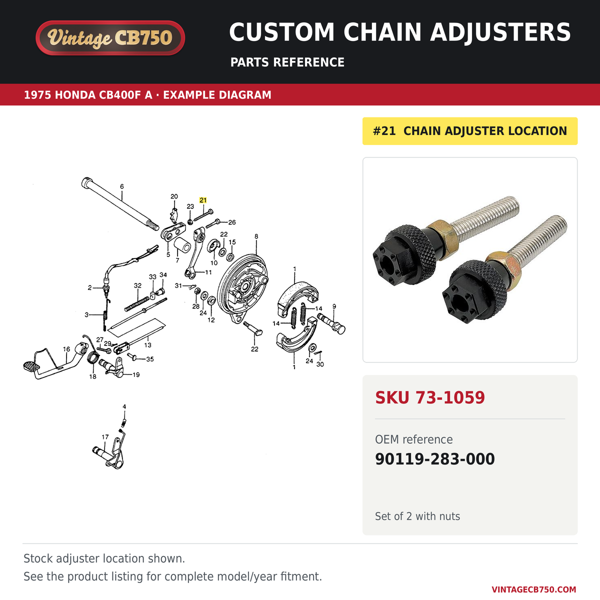 Custom chain adjusters parts fiche diagram, SKU 73-1059, highlighted reference 21