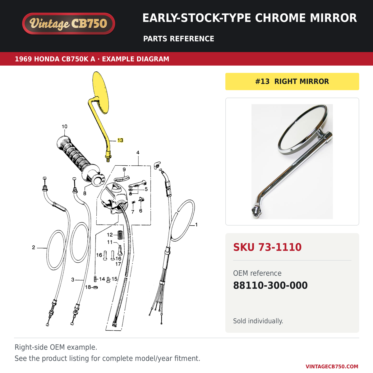 Early-stock-type chrome mirror parts fiche diagram, SKU 73-1110, highlighted reference 13