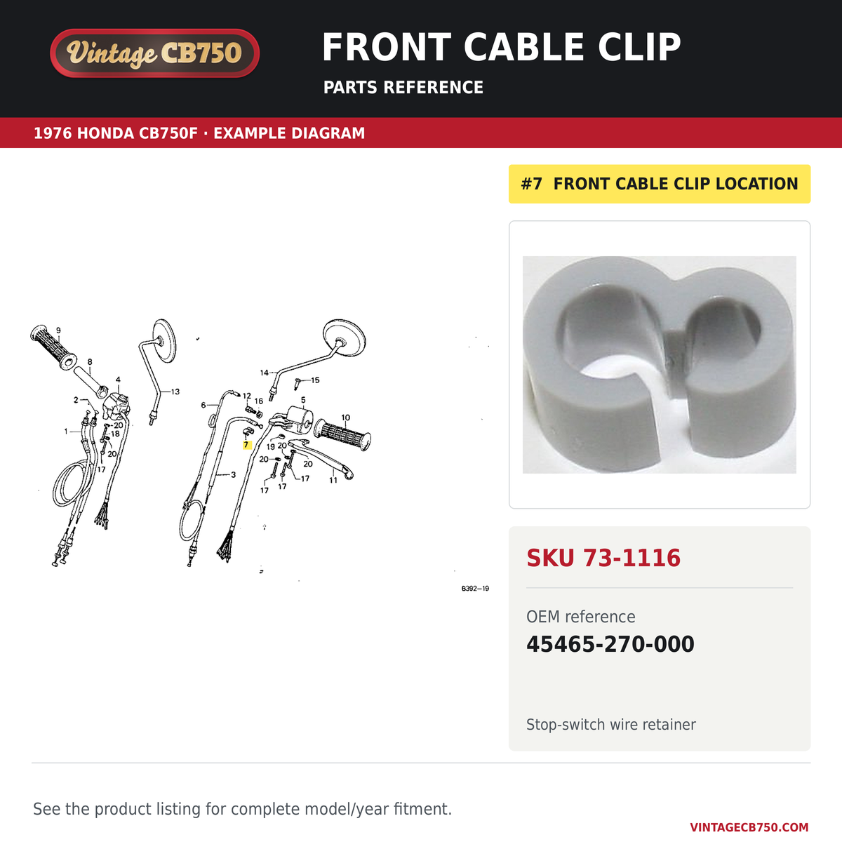 Front cable clip parts fiche diagram, SKU 73-1116, highlighted reference 7