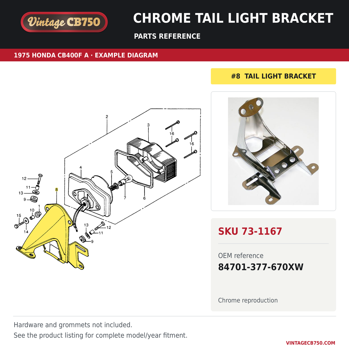 Chrome tail light bracket parts fiche diagram, SKU 73-1167, highlighted reference 8