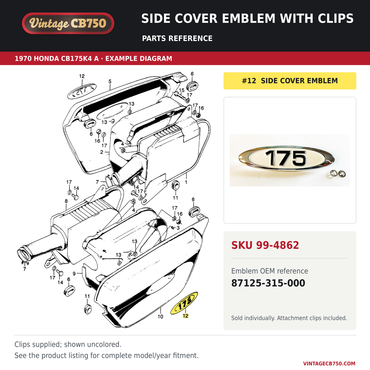 Side cover emblem with clips parts fiche diagram, SKU 99-4862