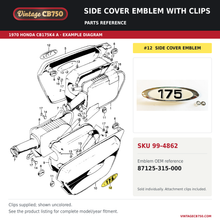 Load image into Gallery viewer, Side cover emblem with clips parts fiche diagram, SKU 99-4862