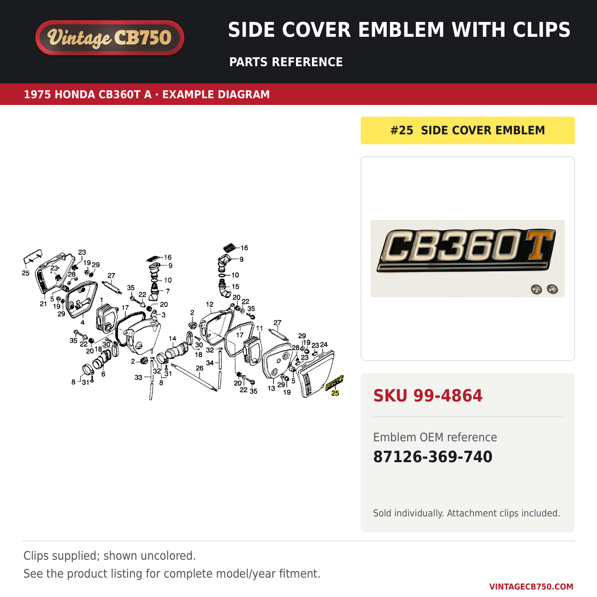 Side cover emblem with clips parts fiche diagram, SKU 99-4864