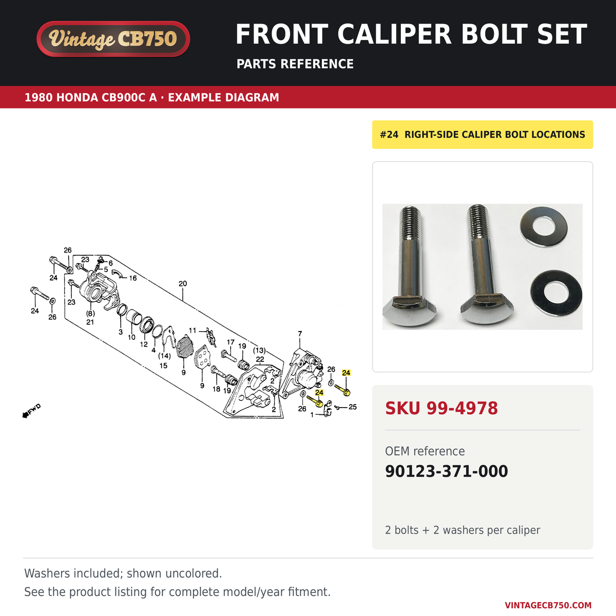 Front caliper bolt set parts fiche diagram, SKU 99-4978