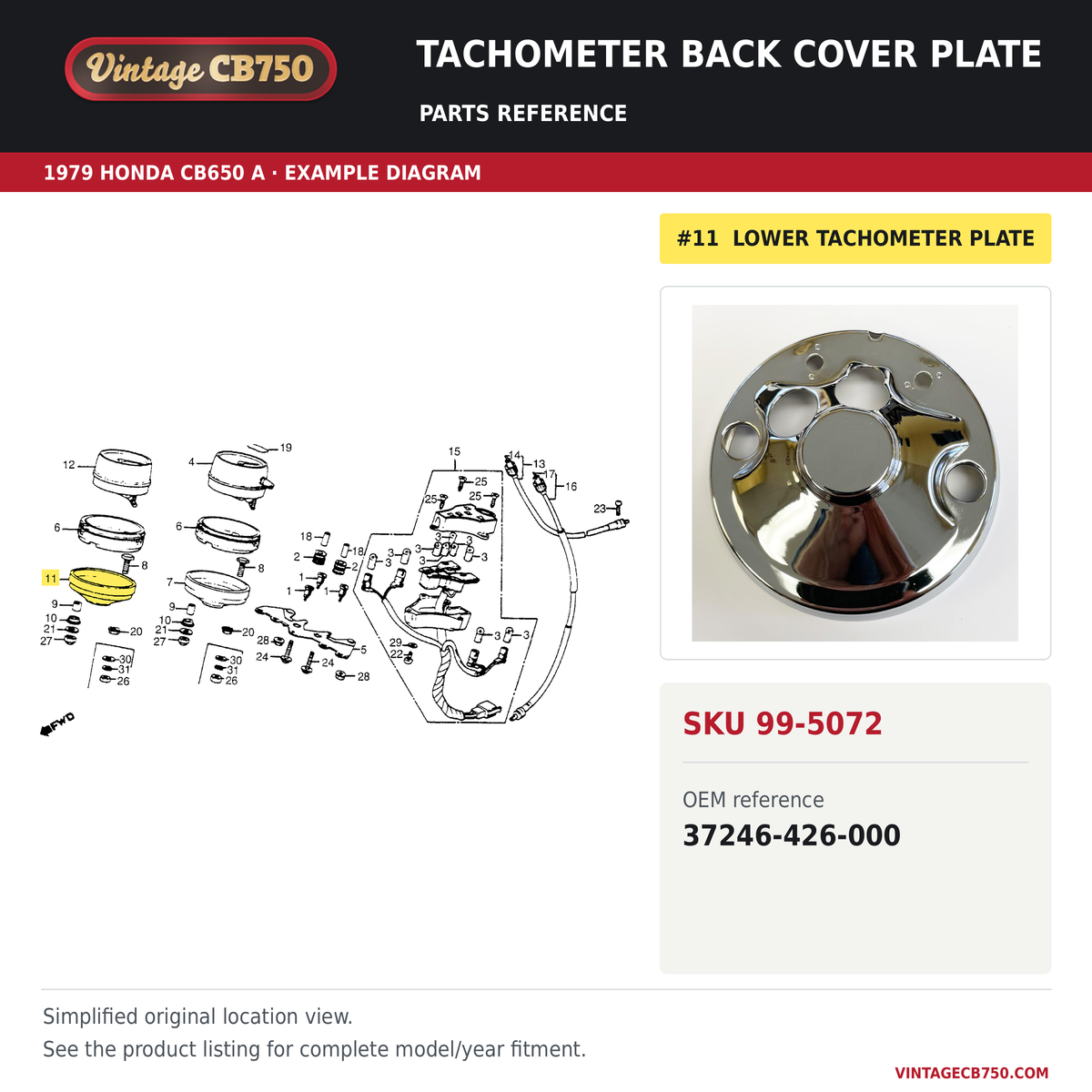 Tachometer back cover plate parts fiche diagram, SKU 99-5072, highlighted reference 11