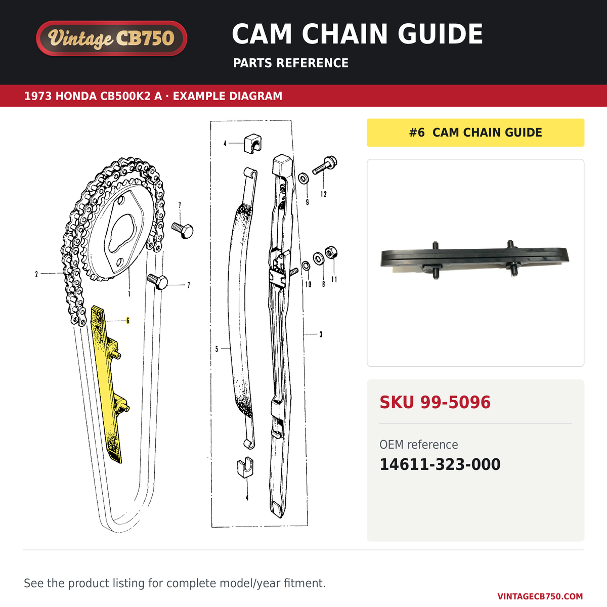 Cam chain guide parts fiche diagram, SKU 99-5096, highlighted reference 6