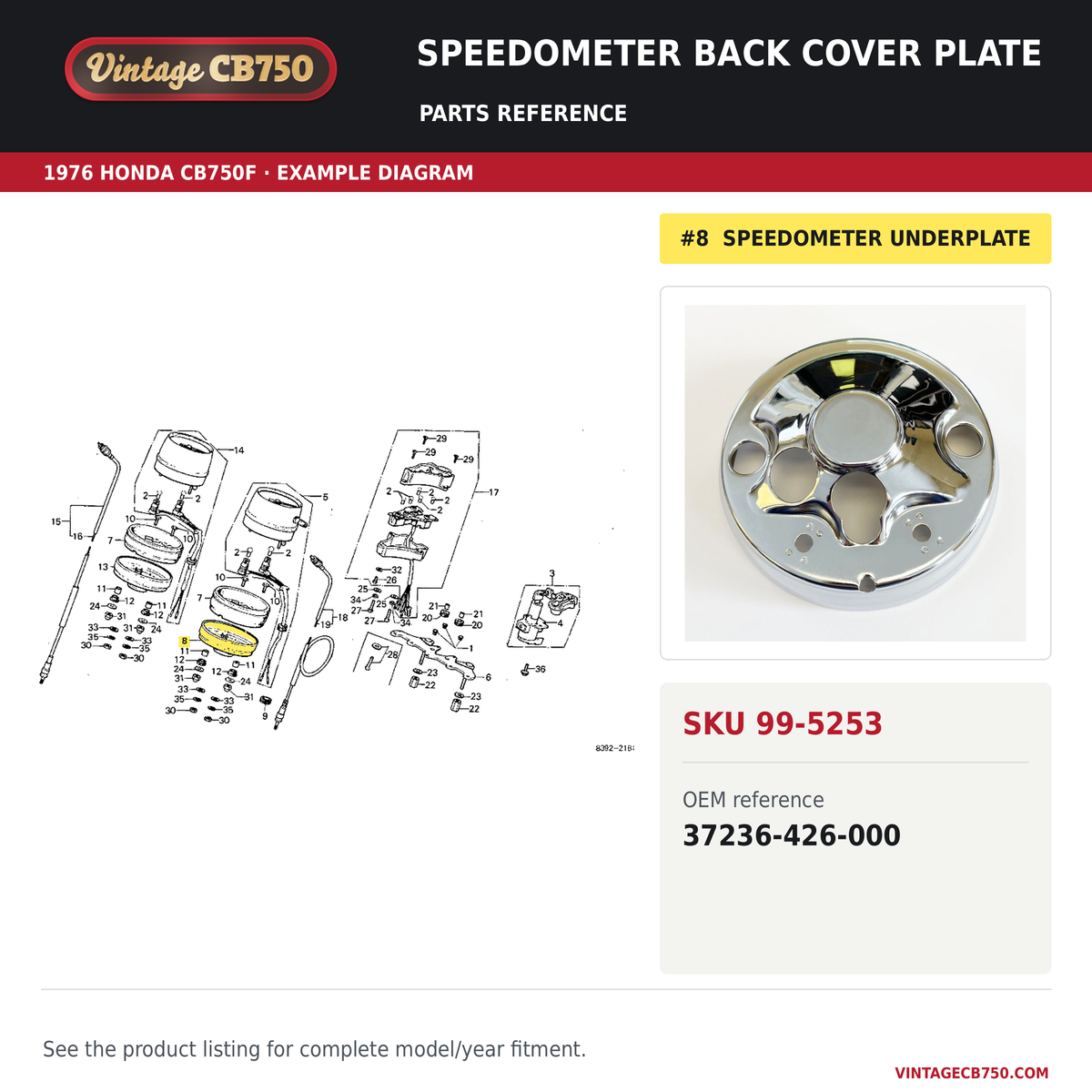Speedometer back cover plate parts fiche diagram, SKU 99-5253, highlighted reference 8